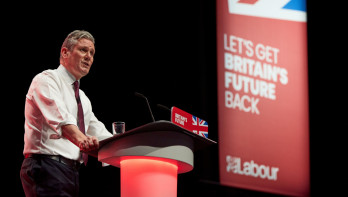 Keir Starmer, leider van de Britse Labour Party, tijdens een publieke toespraak