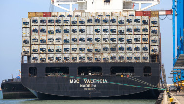 Koelcontainers (reefers) gestapeld op een schip voor gekoeld transport.
