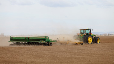 Zaaien van tarwe op het akkerland met een tractor en zaaimachine.