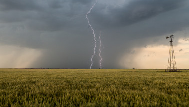 Bliksem boven tarweveld in de buurt van Dighton, Kansas